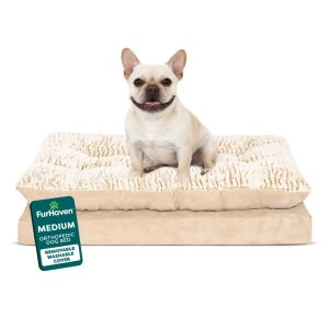 FurHaven Pet Products Medium Embossed Faux Fur & Suede Pillow Top Mattress Dog & Cat Bed,  Taupe