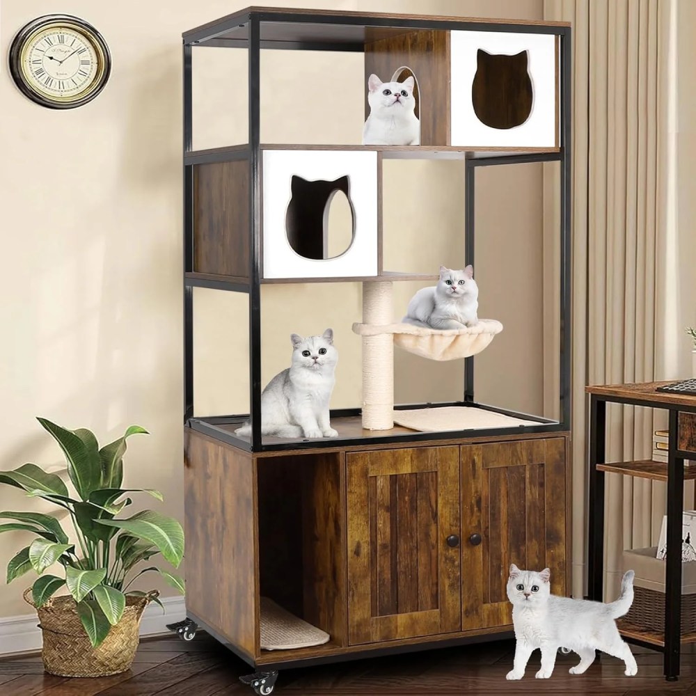 PETSCOSSET Cat Tree with Hidden Litter Box Enclosure, Climbing Platforms, Condo Hammock, and Scratching Post - Image 6