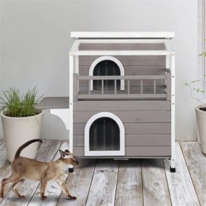 Pefilos 30" Wooden Outdoor Cat House 2-Story Indoor Luxurious Cat Shelter with Transparent Canopy,  Double Escape Door Pet House,  Gray