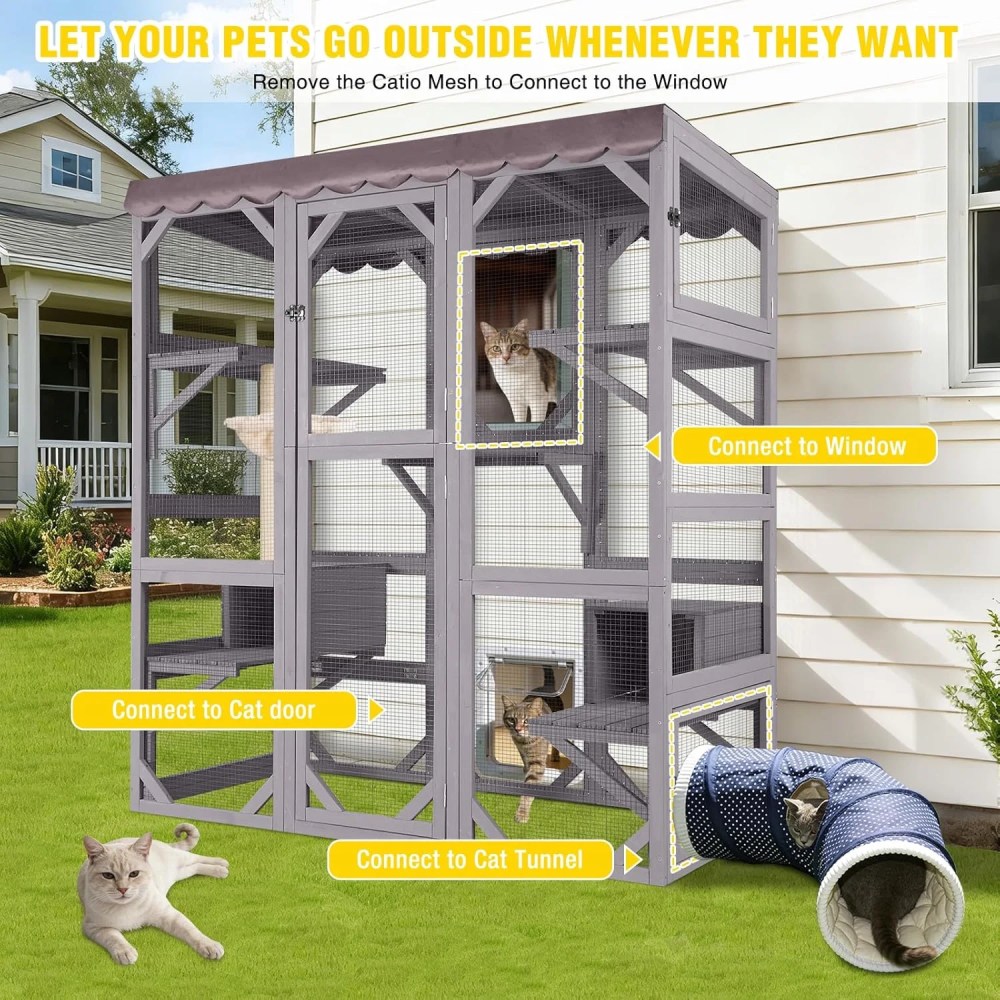 Aivituvin Catio Large Cat House Outdoor Walk in Outdoor Cat Enclosure Indoor Cage Kitty Condo Playpen with Door, Platform, Scratch Post, Hammock - 70" - Image 5