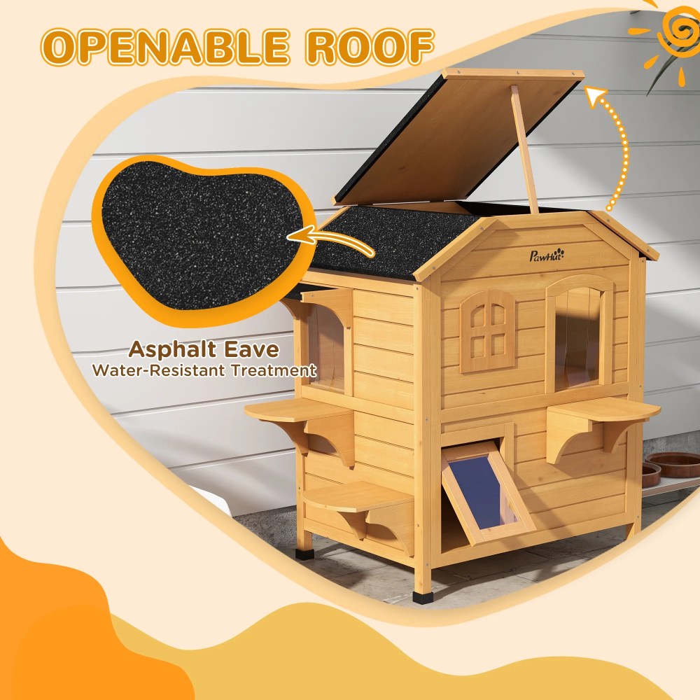 PawHut Outdoor Wooden 2-Story Cat House, Wooden Door, Openable Roof, Jumping Platforms, Natural - Image 2