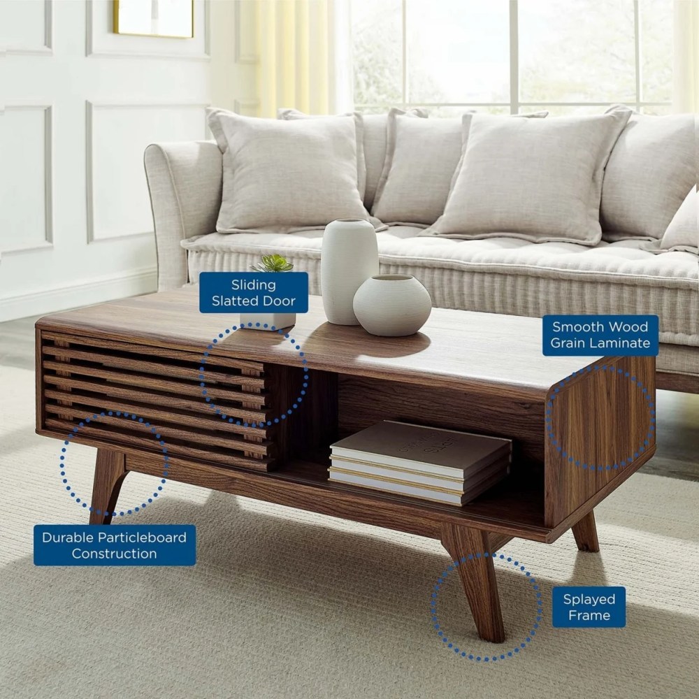 Modway Render Wood Coffee Table with Sliding Door in Walnut Finish - Image 5