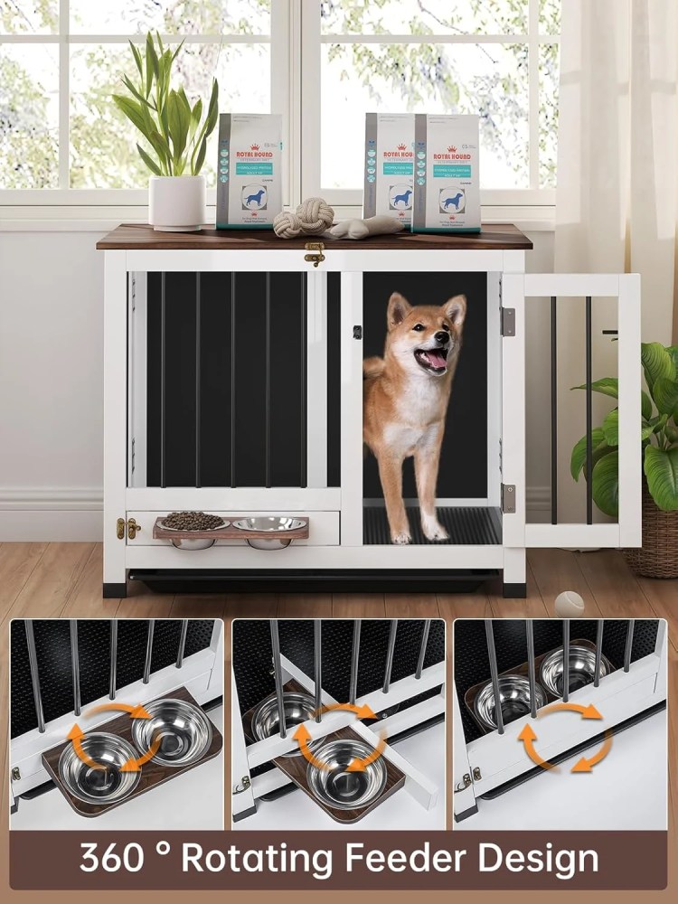 Dog Crate Furniture, 31.5" Dog Kennel Indoor Foldable and Portable, Sturdy Wooden Dog Crate End Table Easy Assembly with 360'Rotating Feeder and Detachable Tray for Small Dogs, Medium Dogs - Image 3