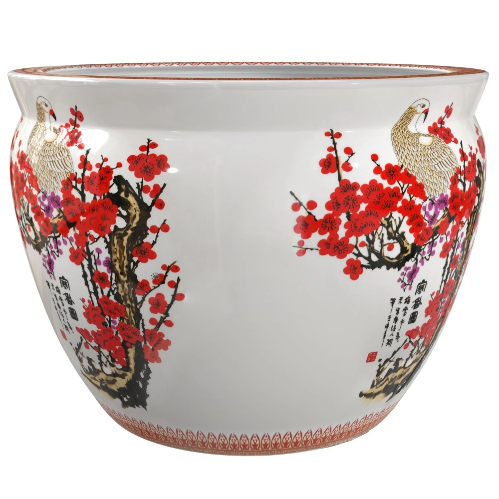 Red Lantern 12" Cherry Blossom Porcelain Fishbowl Planter - Image 3