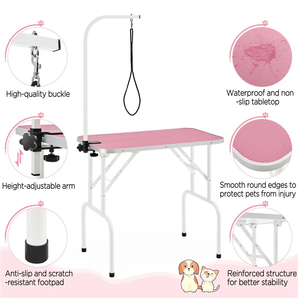 Renwick 32" Pet Foldable Grooming Table with Adjustable Height Arm, Pink - Image 6