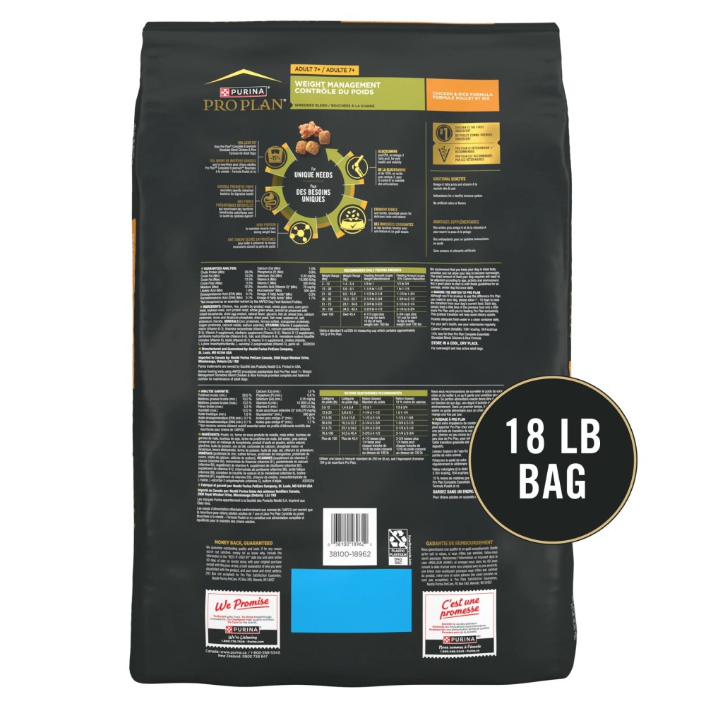 Purina Pro Plan Adult 7 Plus Weight Management Shredded Blend Chicken and Rice Formula Dog Food Senior Formula, 18 lb Bag - Image 8