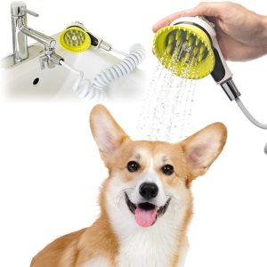 Wondurdog Quality Sink Faucet Pet Wash Kit with Splash Shield Handle and Rubber Grooming Teeth. Designed for Kitchen,  Bathroom,  Utility & Laundry Sink Faucets. Bonus Garden Hose Attachment Included.