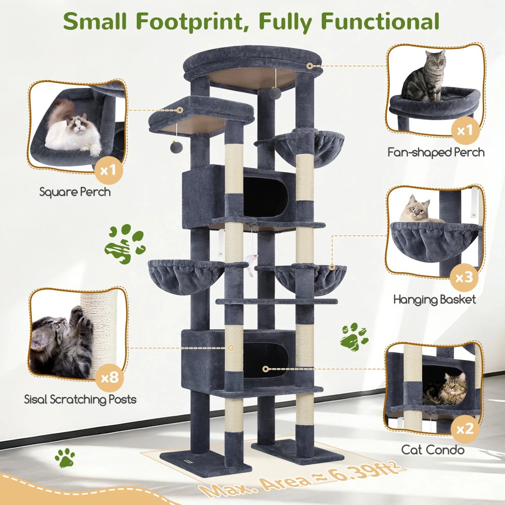 Globlazer 84" Multilevel Large Cat Tree Tower for Indoor Cats with 2 Condos, 3 Hanging Baskets & 8 Scratching Posts, Dark Gray - Image 6