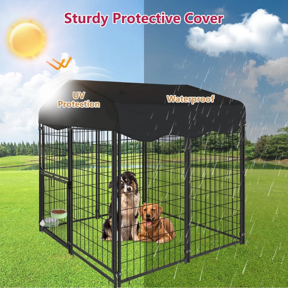 Jhsomdr Outdoor Dog Kennel 4.2ft x 4ft x 4.5ft Welded Wire Large Dog Kennel Dog Cage for Medium/Small Dogs, Heavy Duty Dog Crate with Rotating Feeding Door & UV-Resistant Cover - Image 5
