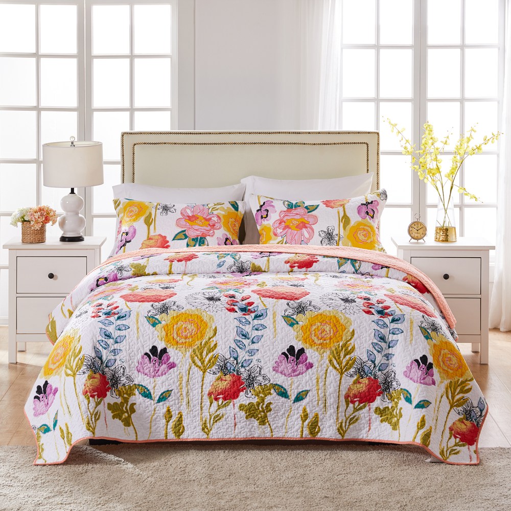 Global Trends Wildflower Dream Modern Floral 100 Cotton Reversible Quilt Set, White, 2-Piece Twin/XL - Image 4