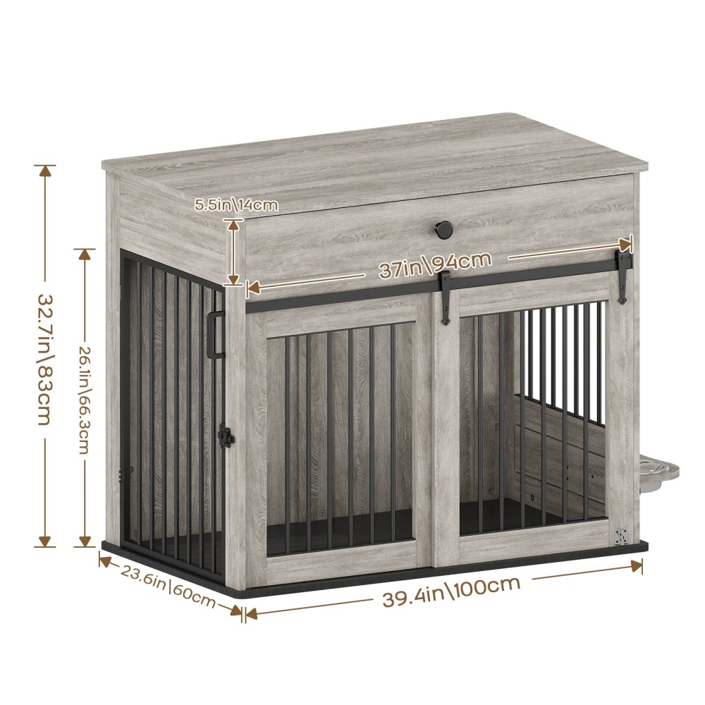 WHIFEA Modern Wooden Dog Crate Furniture with Sliding Barn Door & Side Access, Rotating Feeder Kennel for Medium-Large Dogs, Farmhouse Style, Grey - Image 10