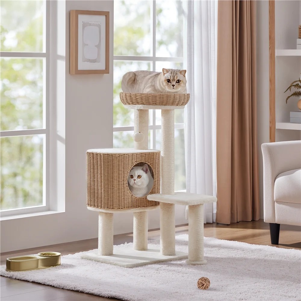 Renwick 36" Tall Rattan Cat Tree with Natural Sisal Scratching Post, Beige - Image 9