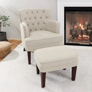 Accent Chair with Ottoman, 28.4" Wide Tufted Armchair and Ottoman for Bedroom Living Room,Beige 1 chair & 1 ottoman