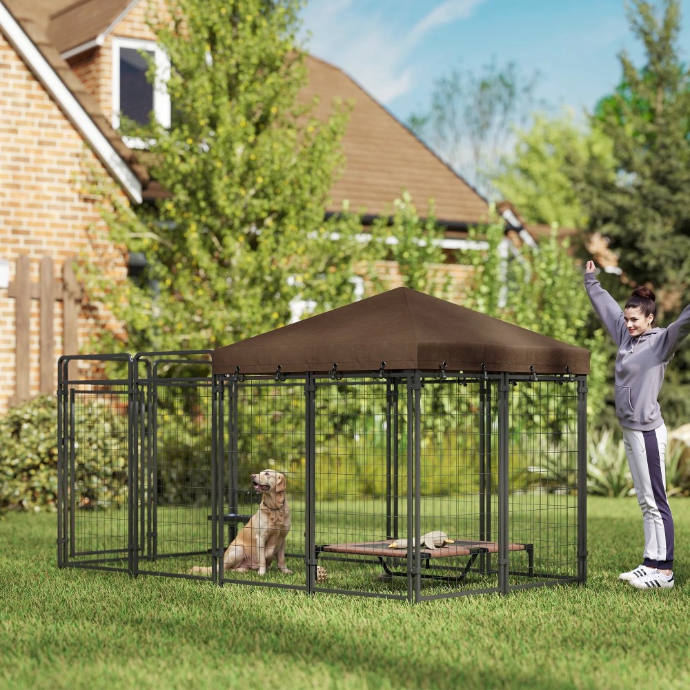 PawHut Dog Kennel Outdoor with Waterproof Canopy, Galvanized Chain Link, for Backyard and Patio, Large and Medium Sized Dog, 9.3" x 4.6" x 5.2" - Image 4