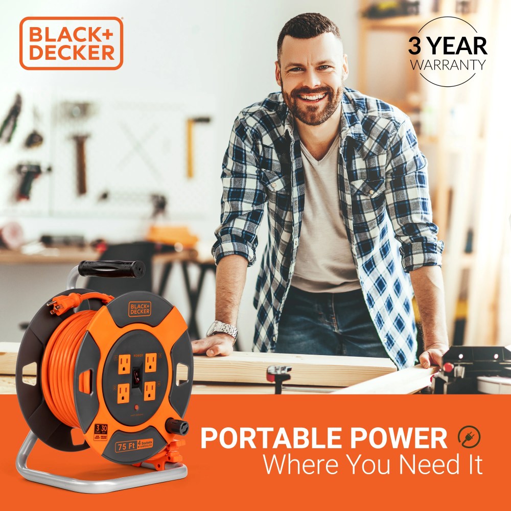 Black Decker 75ft. Cord Reel 14AWG 4 Outlets - Image 6