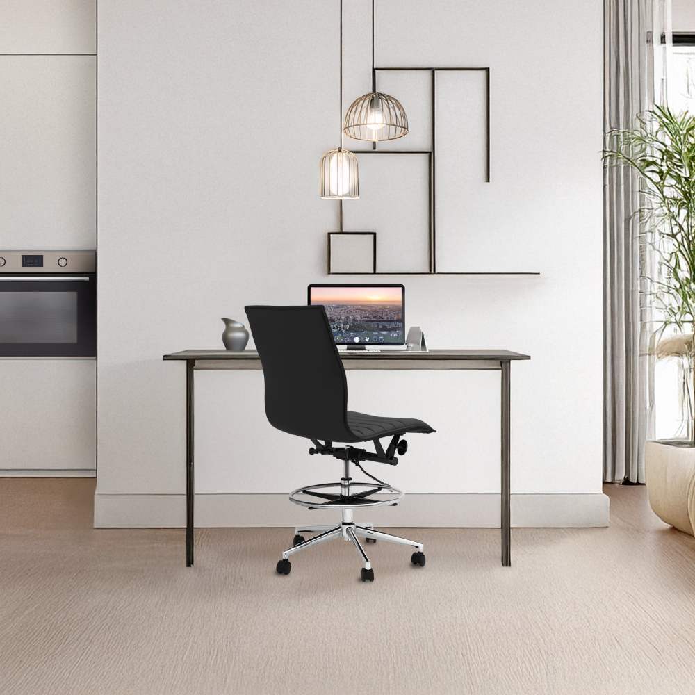 2xhome Modern Drafting Chair Upholstered PU Leather Ribbed Armless Mid Back with Tall Adjustable Base & Leg Rest Tilt Lock Computer,Executive,Conference,Meetings (Black),Set of 1,1 piece