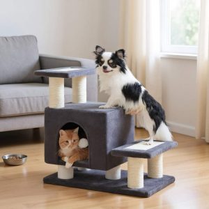 Pefilos 21" Cat Tree Tower with Scratching Post,  3-Step Pet Dog Stairs with Cat Condo for Small Dog,  Gray