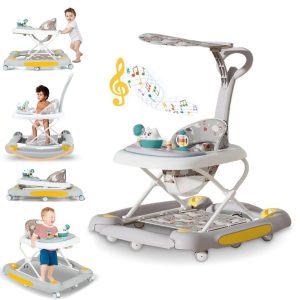 YYW 6-in-1 Baby Walker, Foldable Push Walker with Musical Activity Station for 6-24 Months, Gray