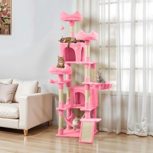 Uforic 75"Large Cat Tree Tower Multi Level Play Tower Condo with Sisal Ramp,  Scratching Posts & Cozy Basket Hammocks,  Pink