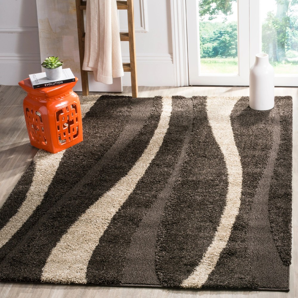 SAFAVIEH Florida Ellen Abstract Shag Area Rug, Dark Brown/Beige, 6" x 9"