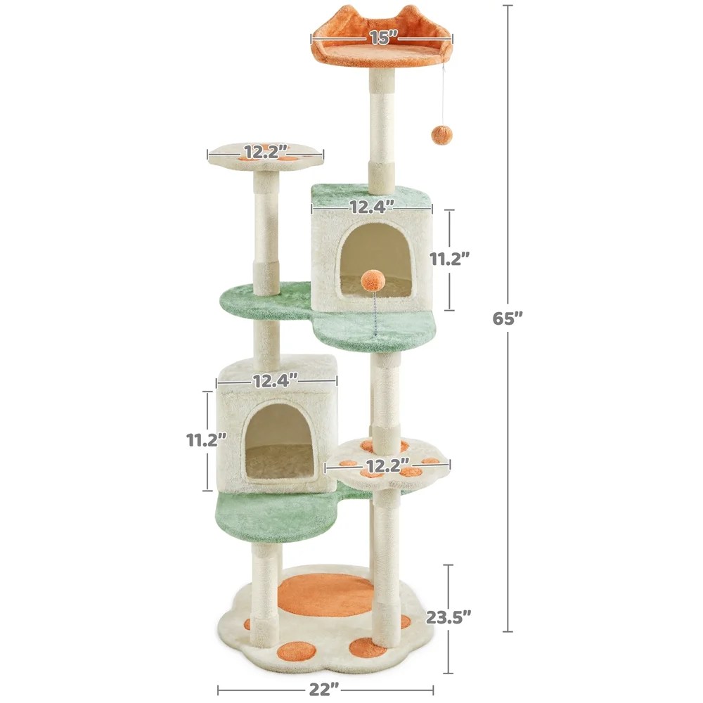 Yaheetech 65"H Cat Tree Paw-Shaped Play Tower, Beige - Image 2