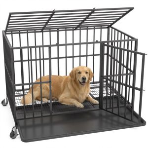 YOKWOK 48 Inch Heavy Duty Steel Dog Crate for Large Dogs,  Chew Proof & Escape Proof for High Anxiety Dogs,  Indoor Double Doors and Lockable Wheels,  Removable Tray,  Black