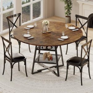 47 Inch Round Dining Table Set for 4-6 with Storage Shelf & Metal Base,Circle Wooden Kitchen Table Set for Dining Room- Rustic Brown(Only Table)