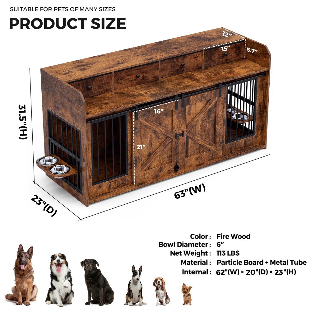Advwin 63" Wooden Double Dog Crate Furniture with Drawers, Divider, Sliding Doors and Dual Feeding Stations, TV Stand Dog Kennel for 2 Small/Medium Dogs, Rustic Brown - Image 2