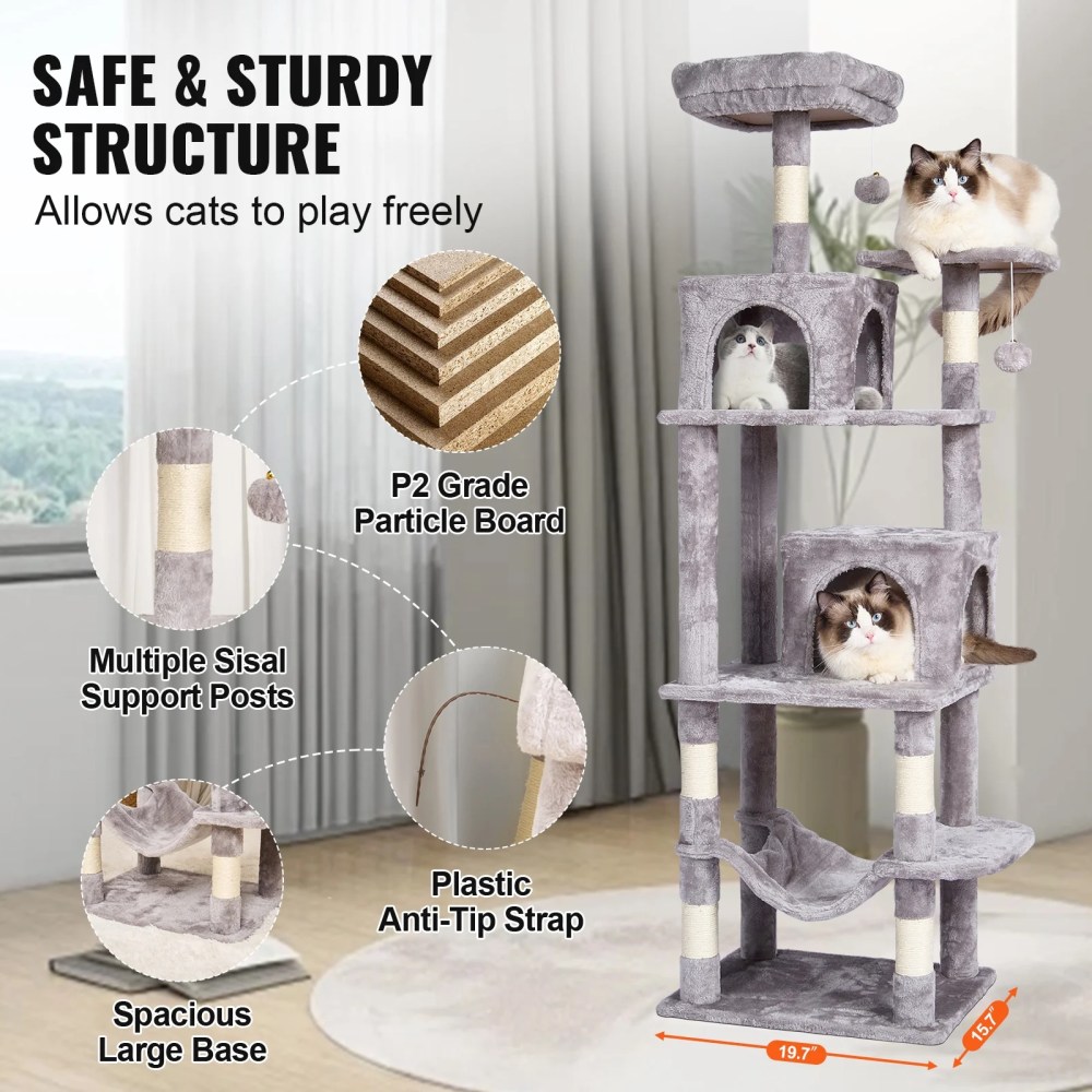 KFFKFF Feline Structure, 63" Feline Stand with Dual Kitty Houses, Sisal Scratch Pole, Relaxing Swing, Elevated Lounging Spot, Leaping Stages, Spacious Cat Play Equipment with Dangling Sphere, Pale - Image 9