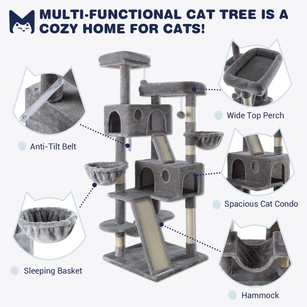 Sifurni 65.7" Large Cat Tree Tower Condo House for Cats with 2 Scratching Ramps, Hammock & Posts, Gray - Image 10