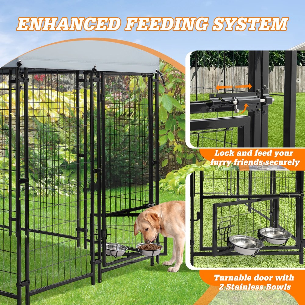 Magic Union 8x4x6 FT Outdoor Dog Kennel with Roof Cover, Heavy Duty Dog House Outside with Lockable Door, Indoor Dog Playpen Outdoor Dog Cage Pen Pet Fence with 2 Rotating Feeding Bowls for Large Do - Image 7