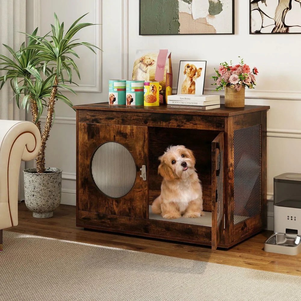 Resenkos Furniture-Style Dog Crate with Translucent Window and Lockable Door, Rustic Brown - Image 4