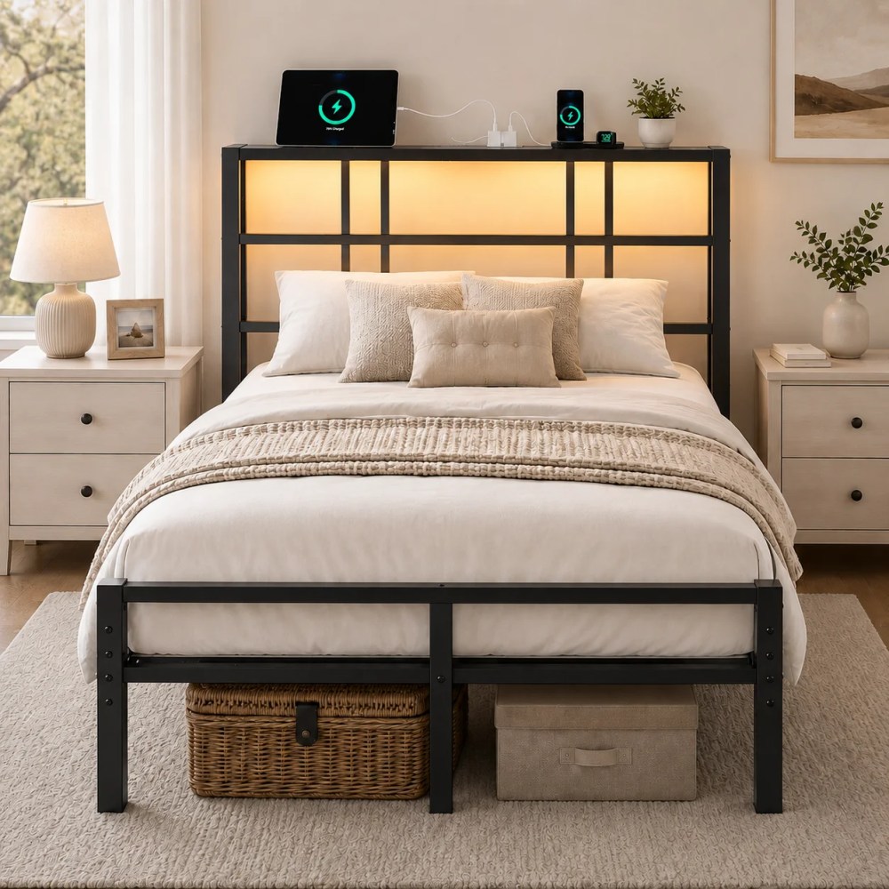 Zimtown Twin Bed Frame with Storage Headboard,LED Lights,and Charging Station,Single Metal Platform Bed,Black