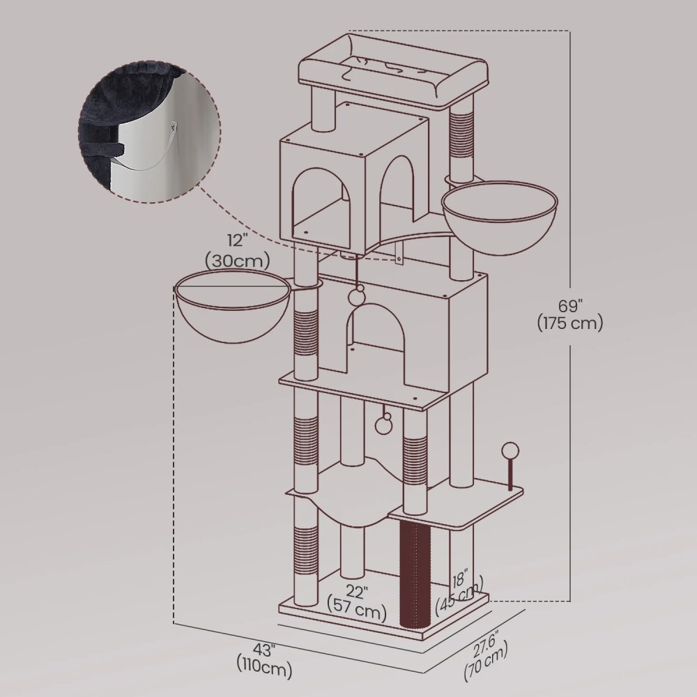 LEDREM 69-inch Cat Tree, Multi-Level Cat Condo with Caves, Baskets, Scratching Posts, Hammock & Perch, Self-Groomer, Dark Gray - Image 3