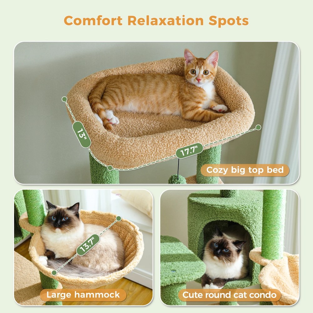 PAWZ Road 59" Cactus Cat Tree Tower with sisal Scratching Post & Large Perch for Indoor Cat Green - Image 8