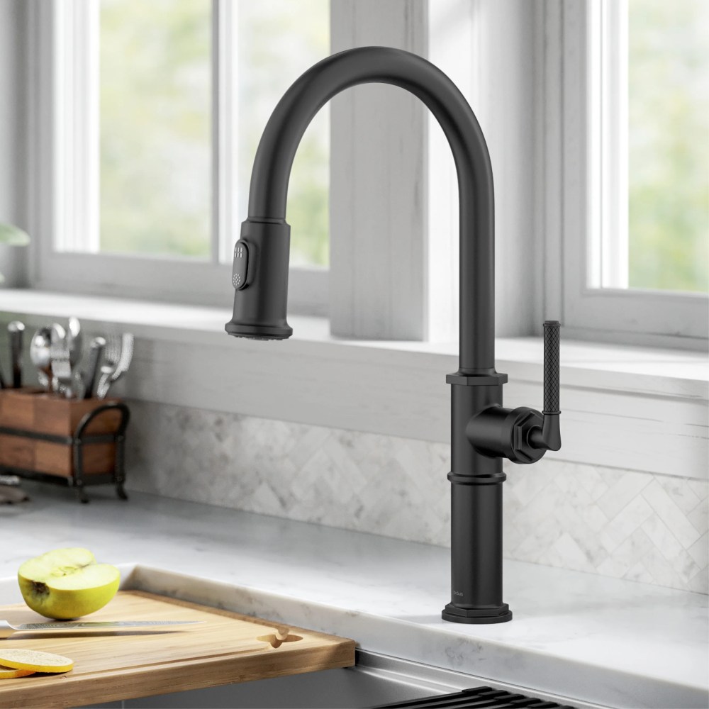 KRAUS Allyn Traditional Industrial Pull-Down Single Handle Kitchen Faucet in Matte Black - Image 5