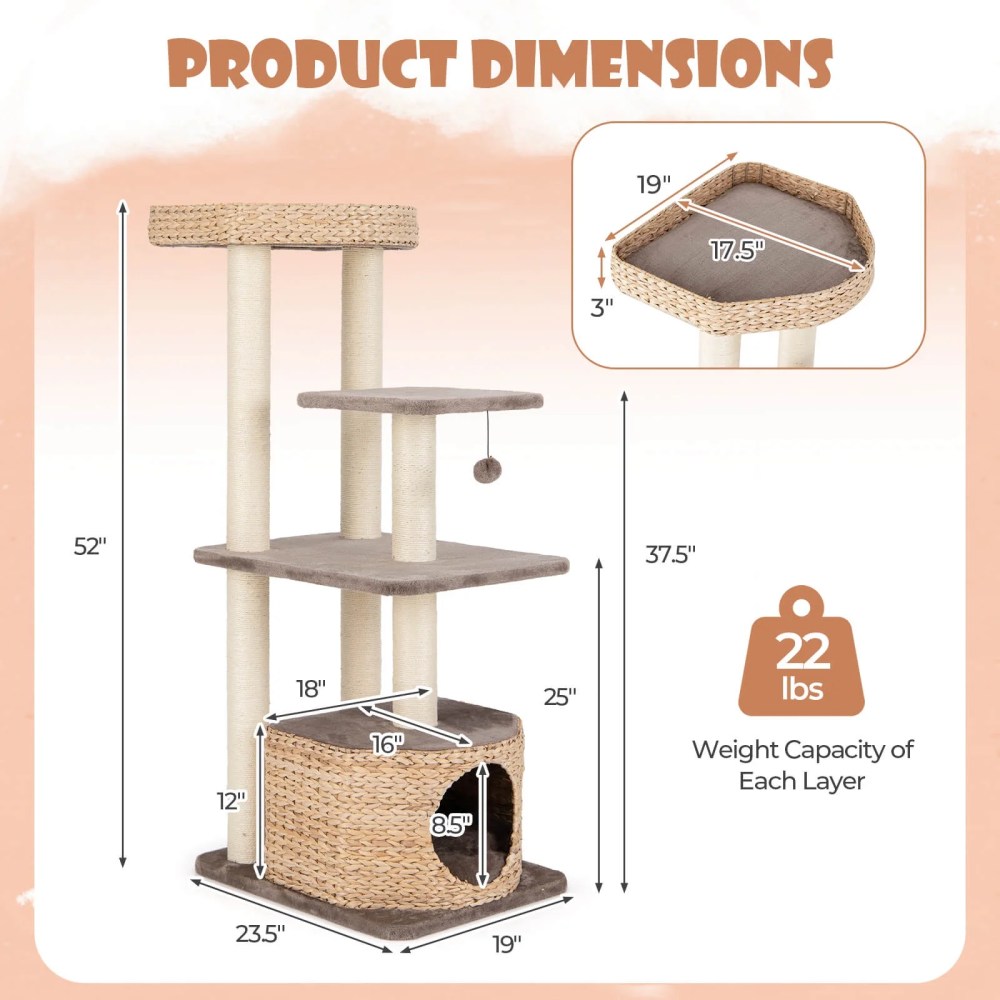 Infans 52" Cattail Cat Tower w/ Sisal Scratching Posts Perch Dangling Ball Cat Tree - Image 4