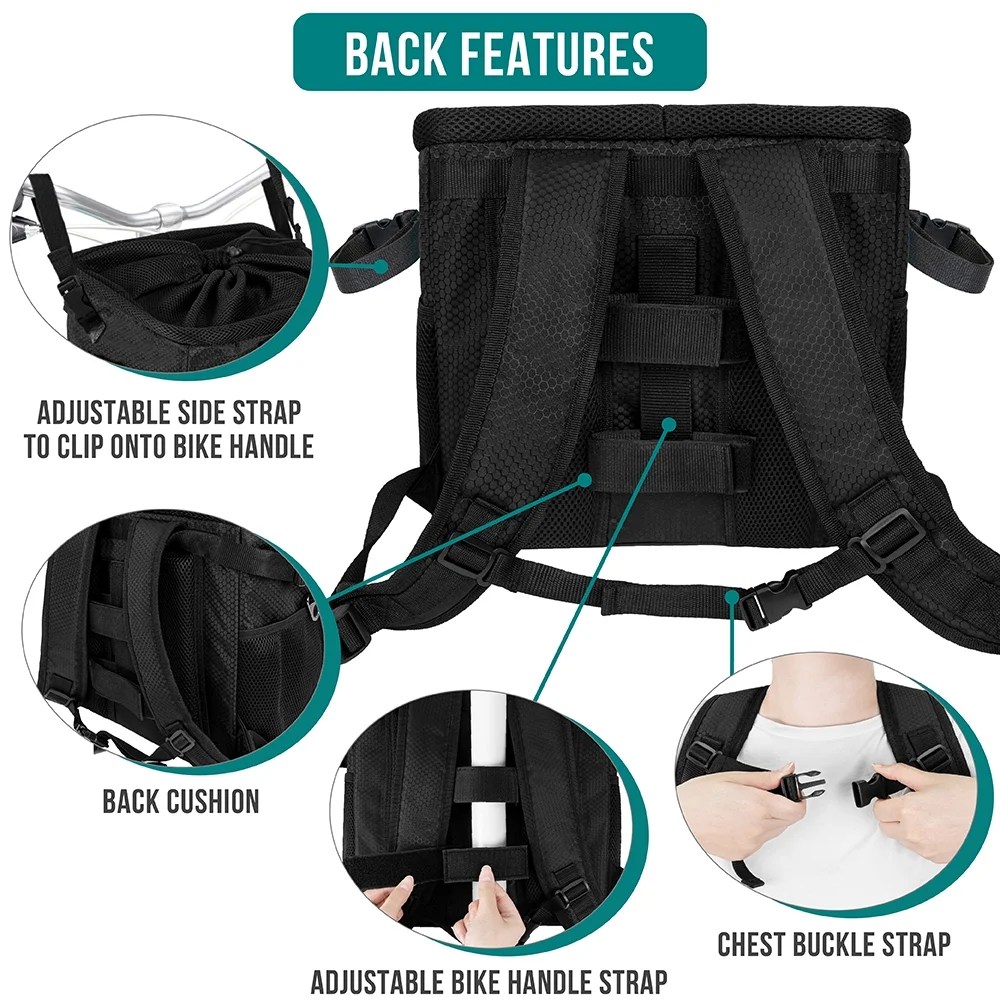 PetAmi Dog Bike Basket, Soft-sided Ventilated Dog Bike Carrier Backpack, Dog Pet Bicycle Basket for Bike Handlebar, Small Medium Puppy Cat Kitten Car Booster Seat with Safety Strap (Black) - Image 4