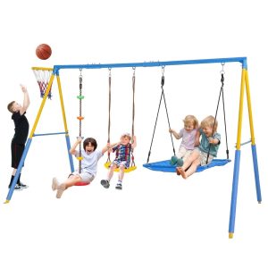 4 in 1 Swing Sets for Outside, kids Metal Swing Set with Saucer Swing, Climbing Rope, Basketball Hoop