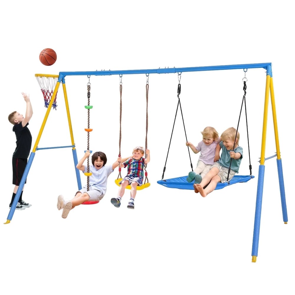 4 in 1 Swing Sets for Outside, kids Metal Swing Set with Saucer Swing, Climbing Rope, Basketball Hoop