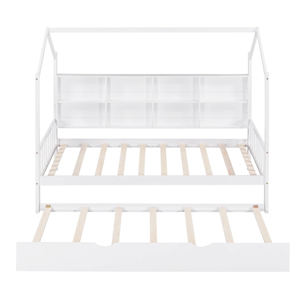 Aukfa House Bed with Trundle, Twin Platform Bed with Storage Shelves and Roof - White - Image 3