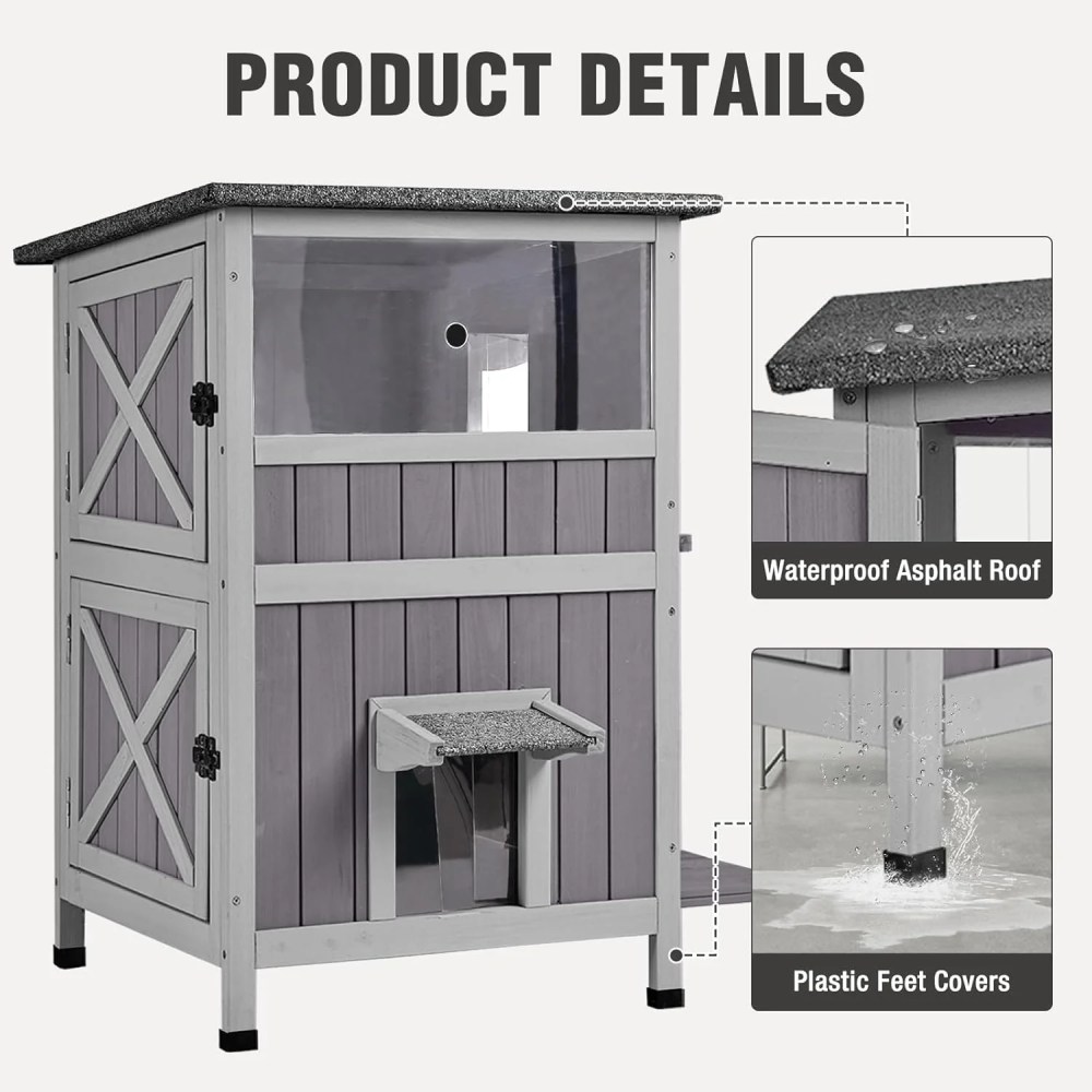 Outdoor Cat House Weatherproof, 2-Storys Feral Cat House with 2 Escape Doors and Window, Stray Cat Shelter with 2 Large Side Doors and Removable Floor - Image 7