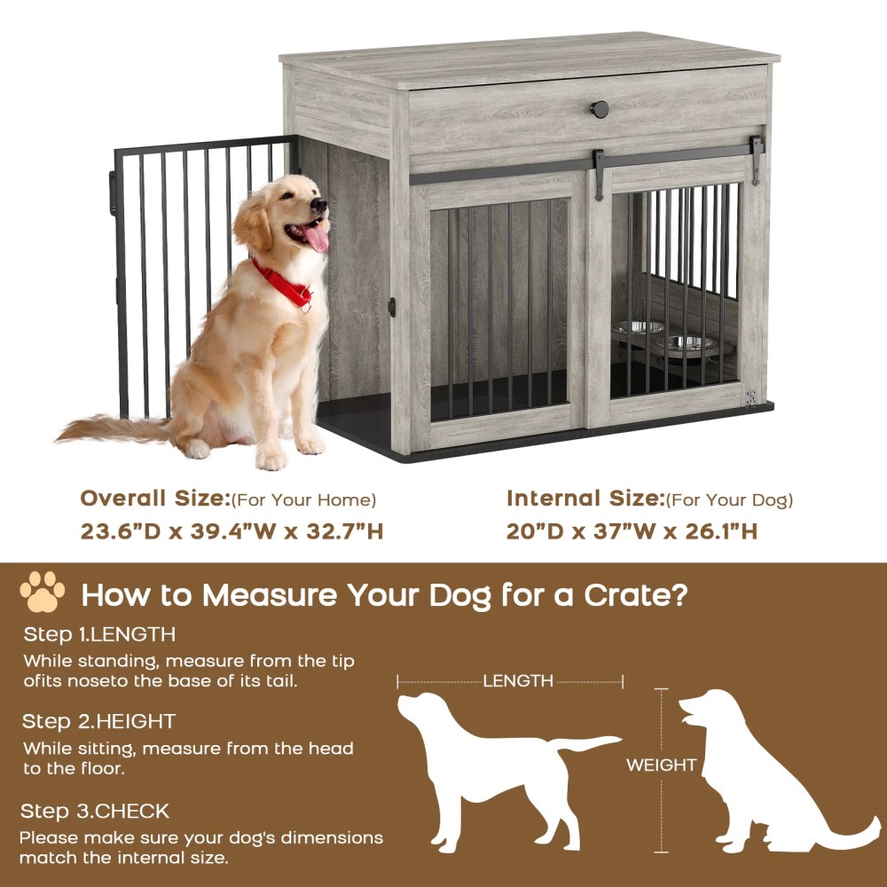 WHIFEA Modern Wooden Dog Crate Furniture with Sliding Barn Door & Side Access, Rotating Feeder Kennel for Medium-Large Dogs, Farmhouse Style, Grey - Image 3