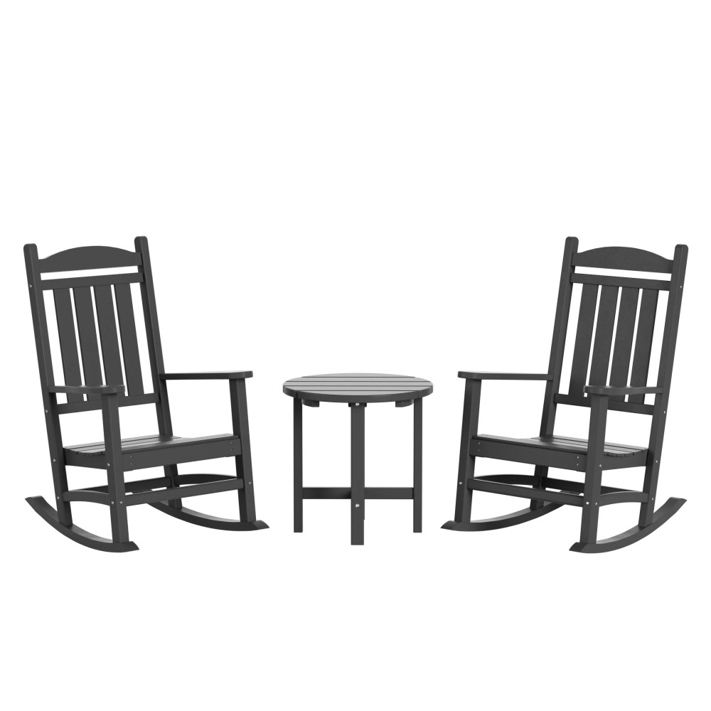 Garden 3-Piece Set Classic Plastic Adirondack Porch Rocking Chair with Round Side Table Included, Gray - Image 6