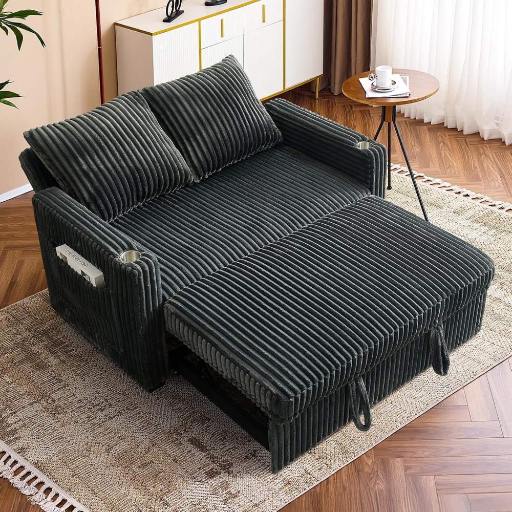 53" Convertible Corduroy Loveseat Sofa Bed with USB Charging,Cup Holders & Side Storage-Soft Corduroy Sleeper Sofa Lounge Recliner Chaise Daybed for Living Room,Bedroom,Office,Dark Gray