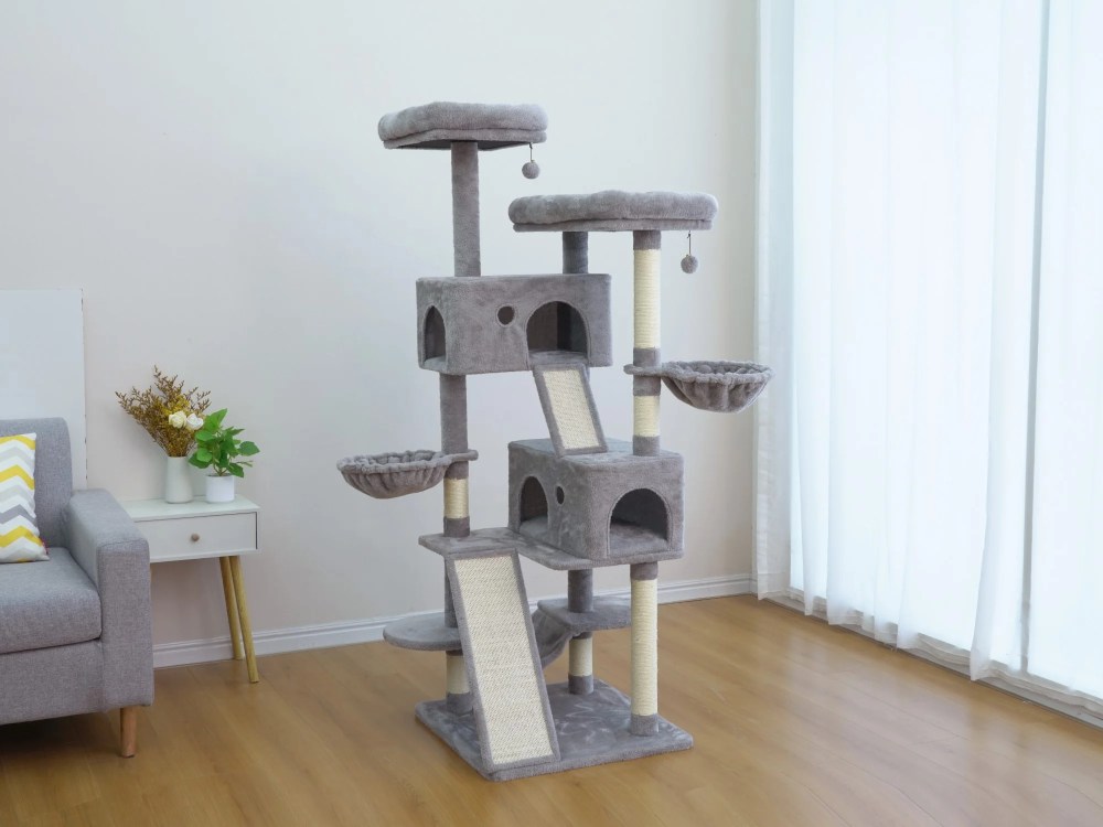 Vibrant Life Heavy Duty 8-Level 66" Cat Tree with Two Condos, Scratching Ramps, and Hammocks, Light Gray - Image 7
