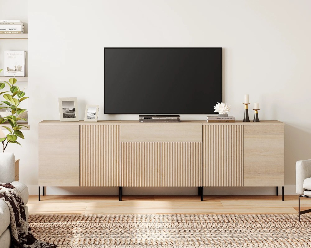 94.5" Modern Reeded Dresser TV Stand for TVs up to 100 Inch,Entertainment Center with Adjustable,Wooden TV Console with Storage for Living Room