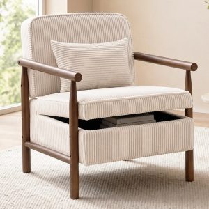 Accent Chair with Hidden Storage,LEGAHOME Antique White Modern Arm Chair for Living Room,Comfy Corduroy Reading Armchair for Bedroom,with Solid Wood Leg for 250lbs Weight Capacity