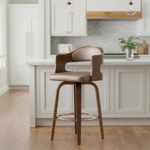 Wood and Faux Leather Copper Mid-Century 27-Inch Counter Seat Height Swivel Barstool