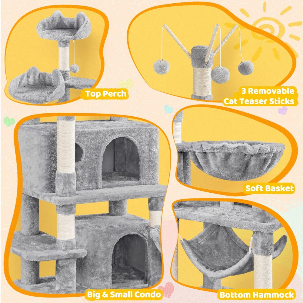 Alden Design 67" H Multi-Level Cat Tree Tower with 2 Cat Condos & Hammock Basket, Light Gray - Image 2